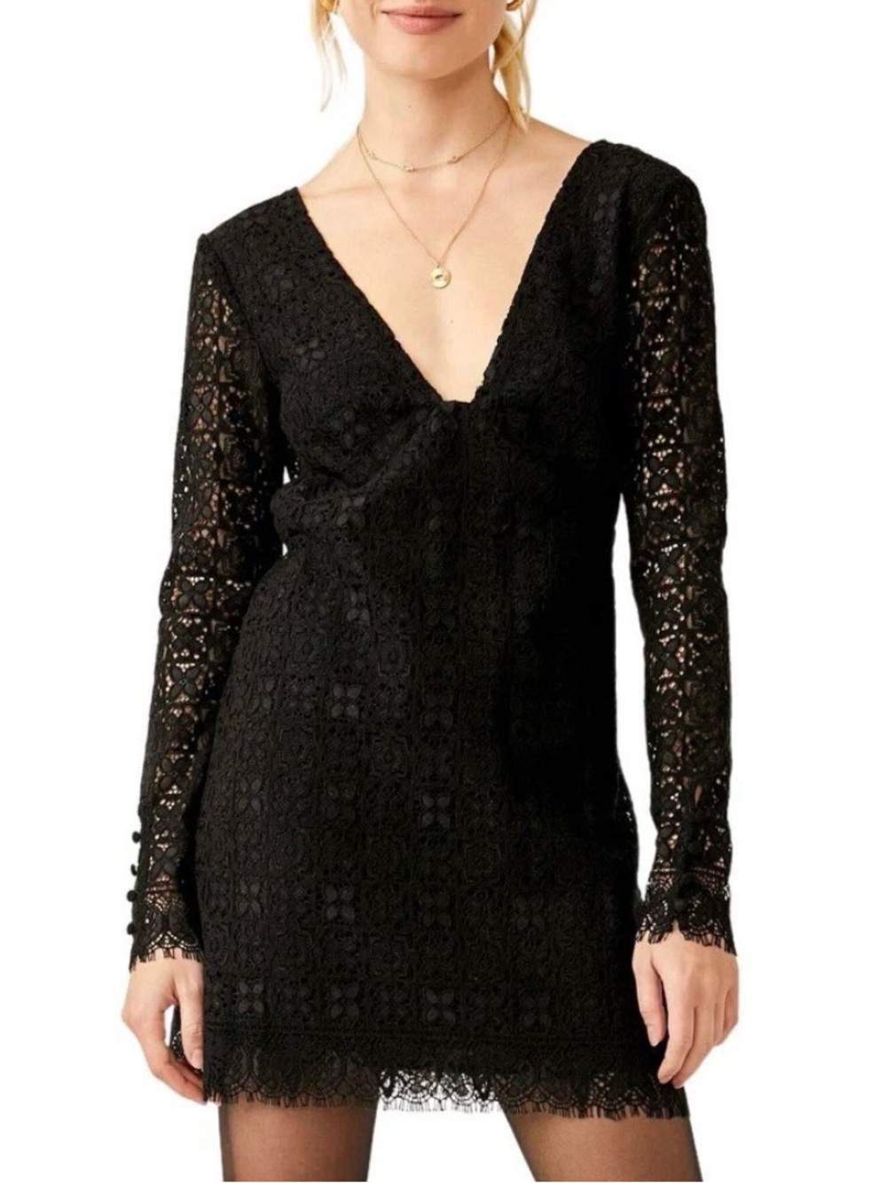 Free People Black Long-Sleeve Lace V-Neck Mini Dress